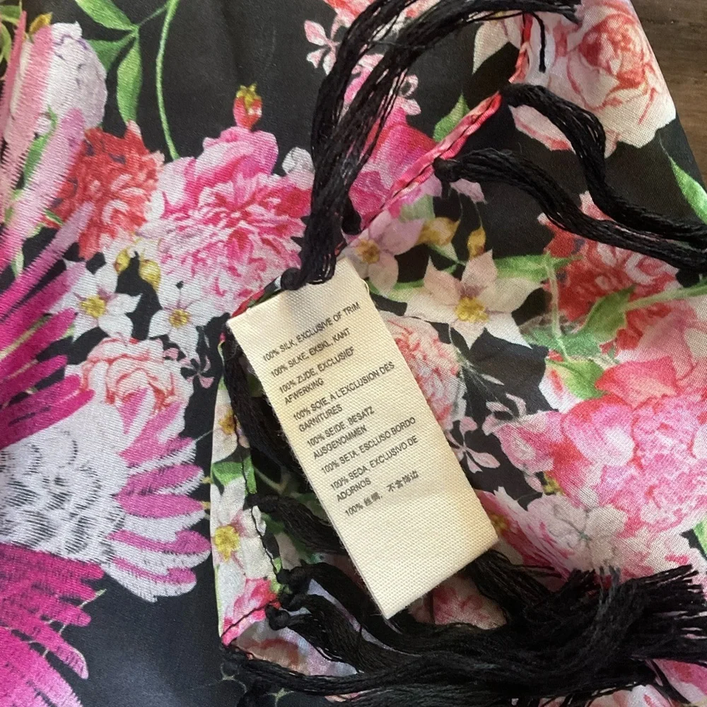 Johnny Was Large Floral Longhorn Skull Silk Scarf With Tassels